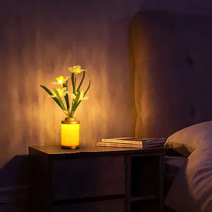 Yellow flower vase LED lamp warm glow in dark room