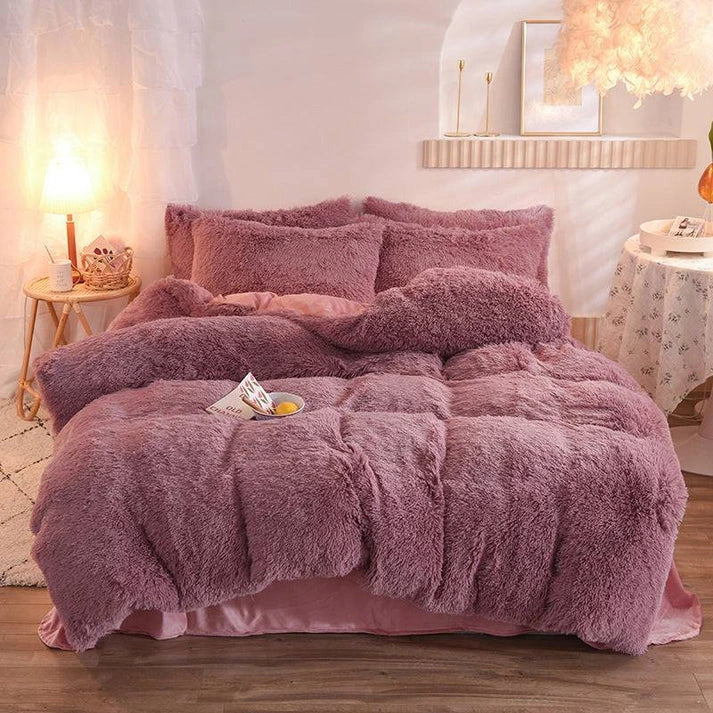 Fluffy plush fleece duvet cover set in bean paste color