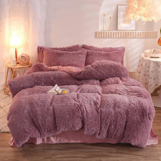 Fluffy plush fleece duvet cover set in bean paste color