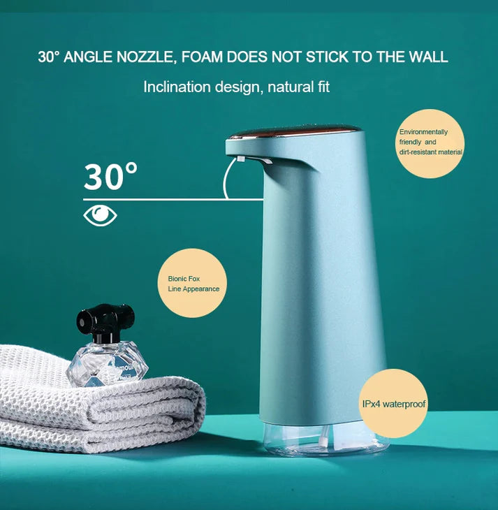 Foam hand sanitizer dispenser placed on bathroom counter