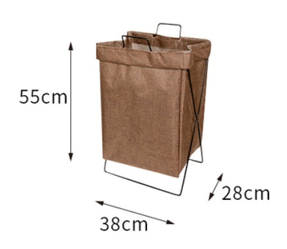 Soft sided foldable laundry hamper compressed slightly into a tight bathroom corner without scratching
