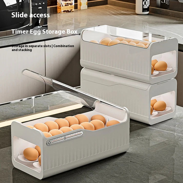 Food grade slide egg storage box transparent grey filled with eggs in fridge