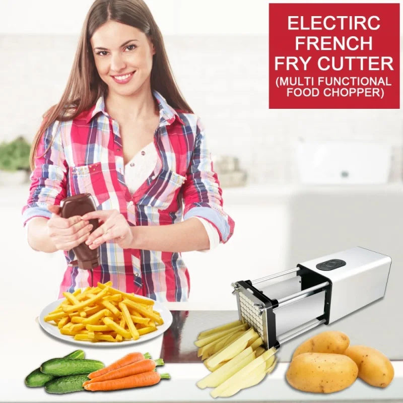 Electric french fry cutter being used in kitchen setting
