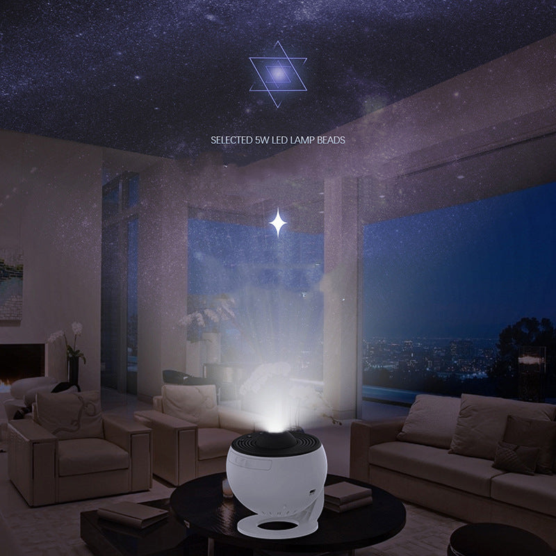Galaxy projector night light illuminating bedroom ceiling