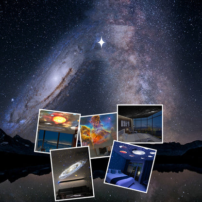 Galaxy projector night light glowing in dark room setting