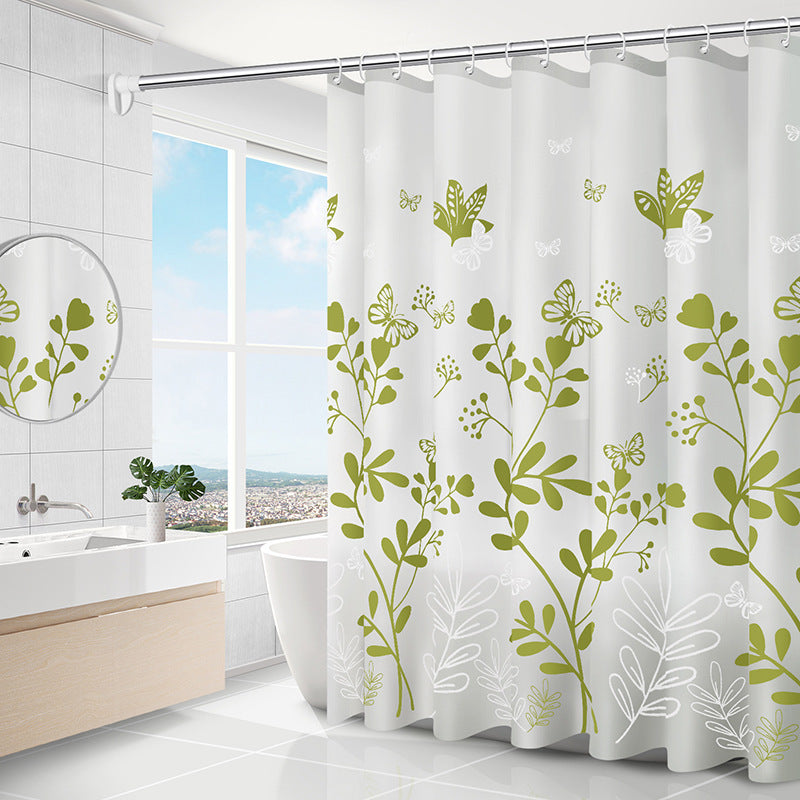 All 11 color options of the geometric PEVA shower curtain laid flat for color comparison
