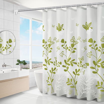 All 11 color options of the geometric PEVA shower curtain laid flat for color comparison
