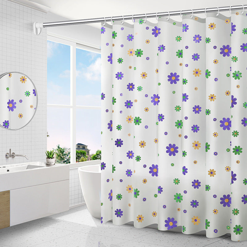 Narrow 31x71 inch geometric PEVA shower curtain in a compact shower stall
