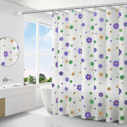 Narrow 31x71 inch geometric PEVA shower curtain in a compact shower stall
