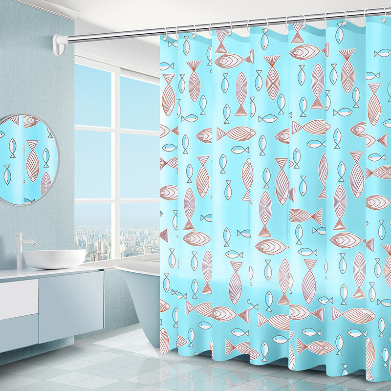 Standard 71x71 inch geometric PEVA shower curtain covering a US standard bathtub shower
