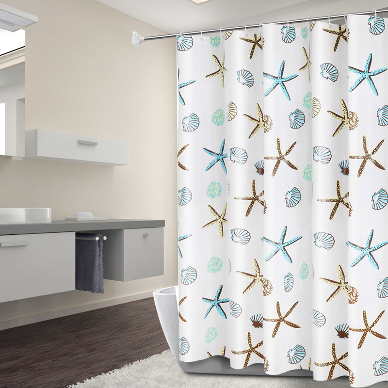 Bold color geometric PEVA shower curtain as the focal point in a plain minimalist bathroom

