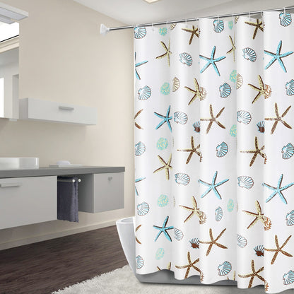 Bold color geometric PEVA shower curtain as the focal point in a plain minimalist bathroom
