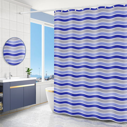 Eco friendly PEVA material label on the geometric shower curtain showing no chlorine content
