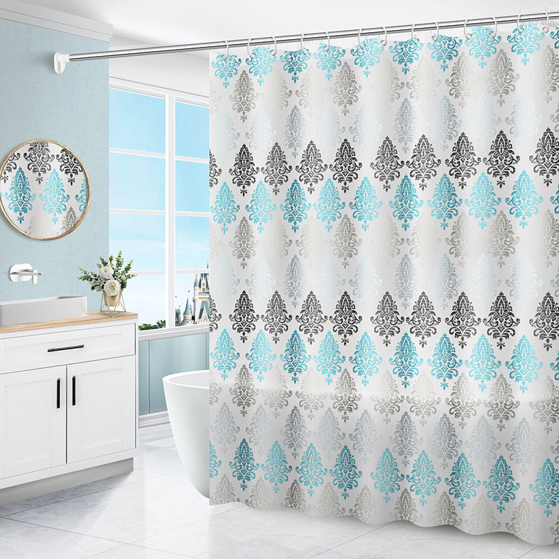 Size comparison chart showing all nine size options of the geometric PEVA shower curtain
