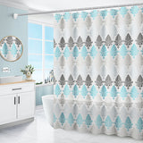 Size comparison chart showing all nine size options of the geometric PEVA shower curtain