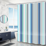 Geometric PEVA curtain used as standalone without liner on a bathroom curtain rod