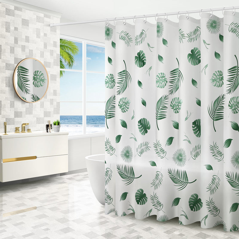 Close-up of the sharp geometric abstract pattern on the waterproof PEVA shower curtain
