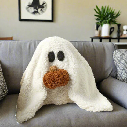 Ghost pillow Halloween plush throw pillow in bedroom decor setting