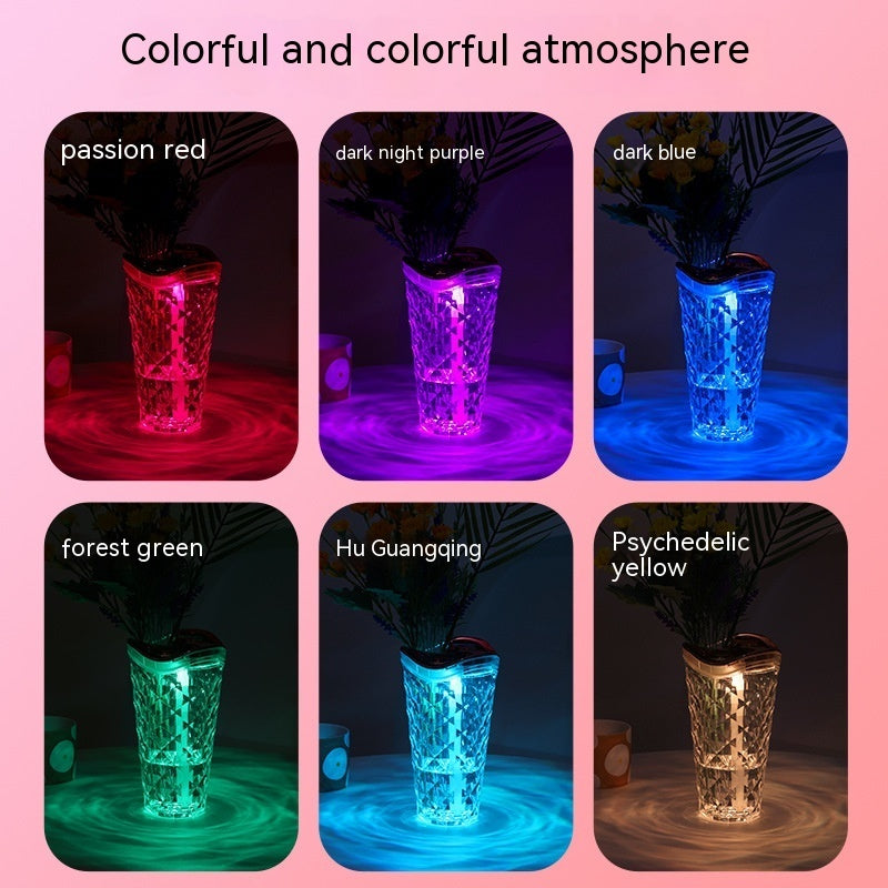 Glass flower vase humidifier showing multiple RGB LED color modes