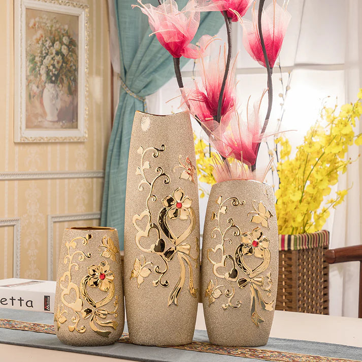 Close up view of gold electroplated ceramic vase European design