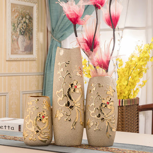 Close up view of gold electroplated ceramic vase European design