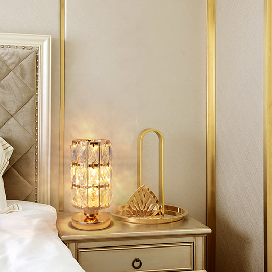 Warm glow closeup of gold crystal table lamp
