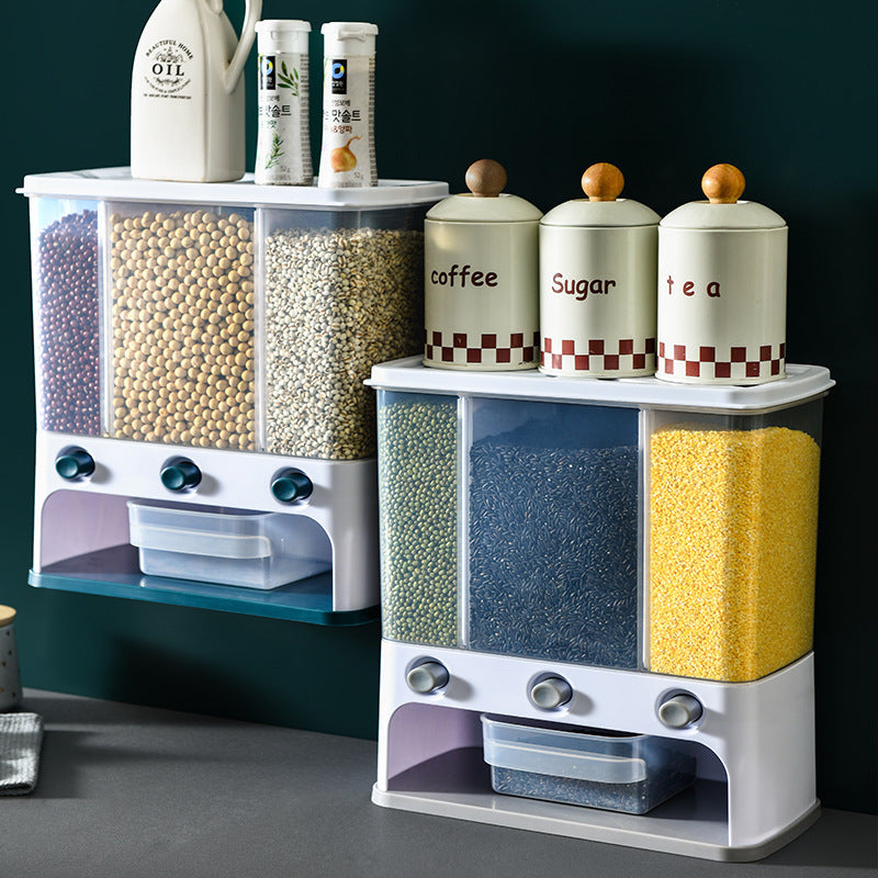 Grey grain dispenser installed on kitchen wall