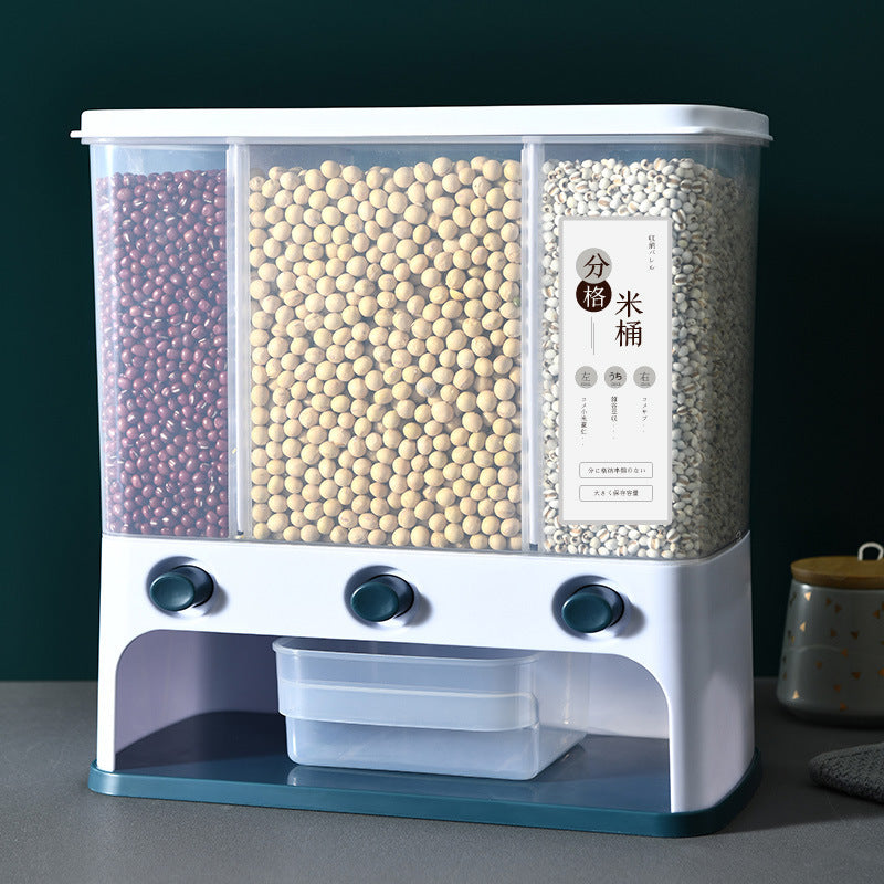 Wall mounted grain dispenser installed in modern kitchen setting