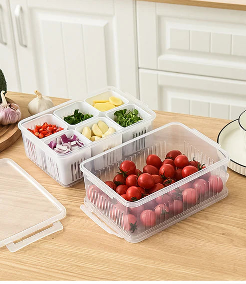 White plastic refrigerator vegetable storage container with compartments plain background