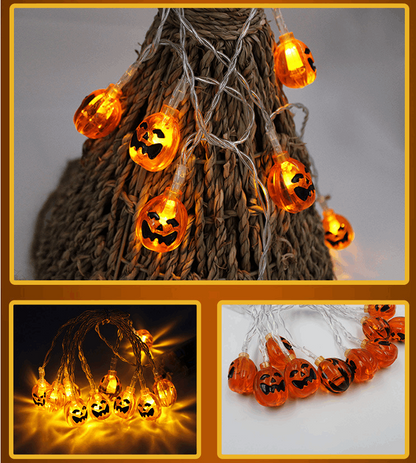 Halloween pumpkin lights with spider web decor