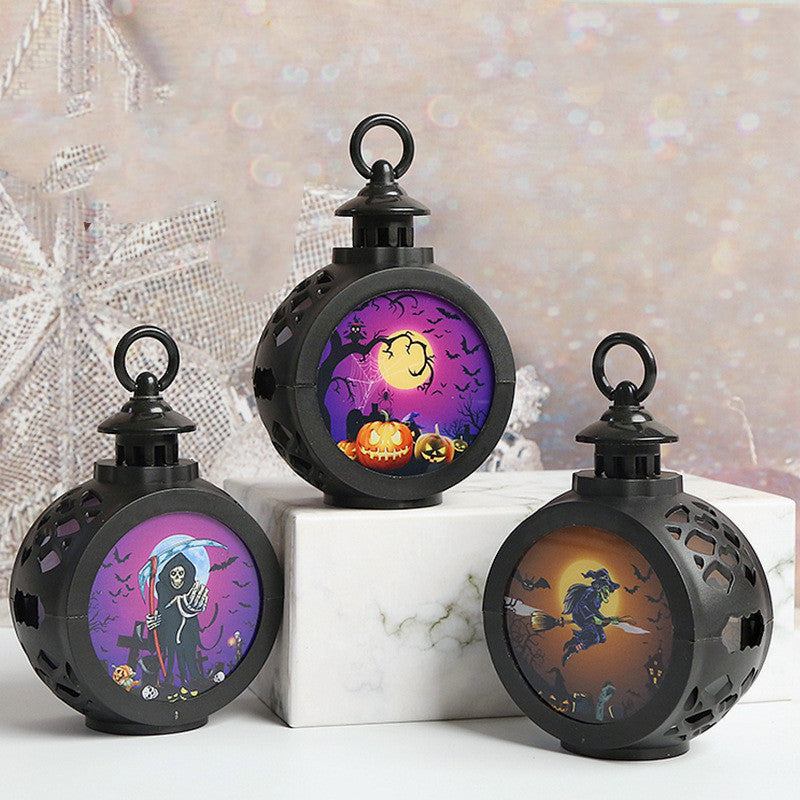 Halloween round portable night lamp skull and witch design purple display