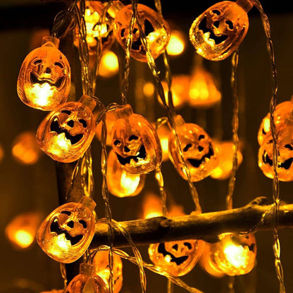 Halloween string lights glowing warm at night