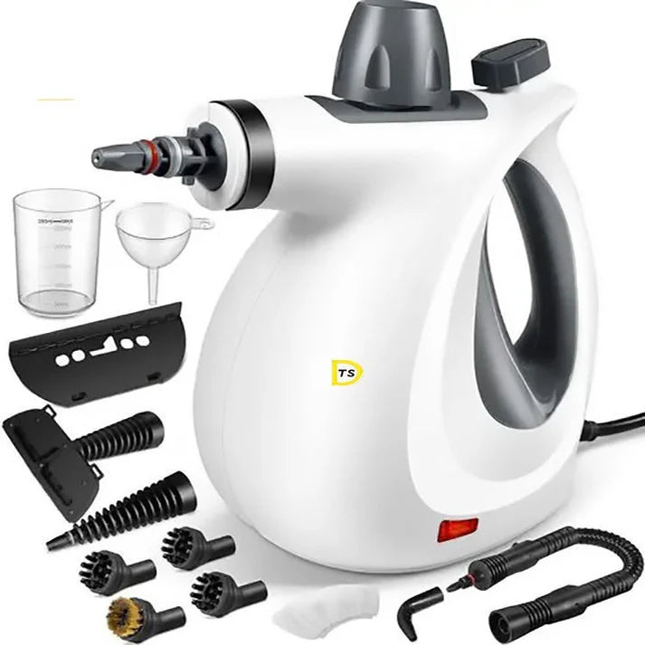 Handheld steam cleaner accessories and attachments laid out