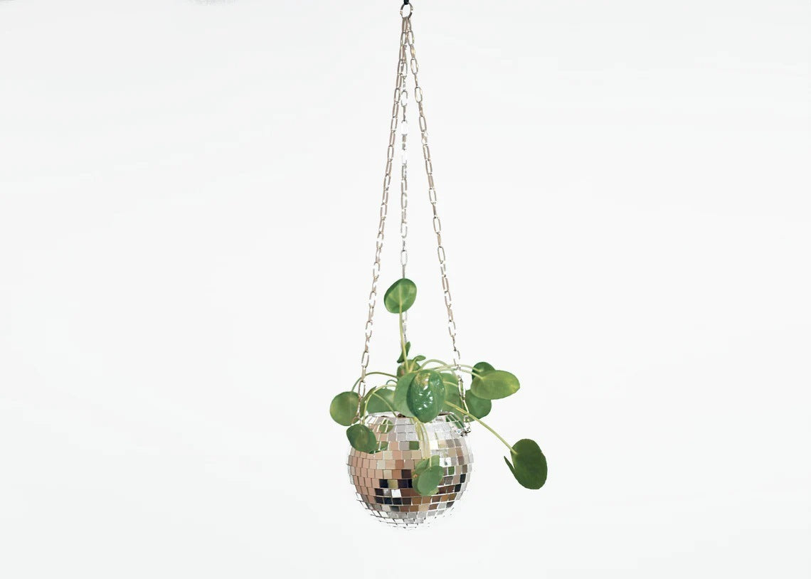 Hanging mirror ball flowerpot installed on ceiling with rope
