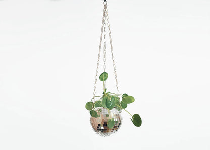 Hanging mirror ball flowerpot installed on ceiling with rope