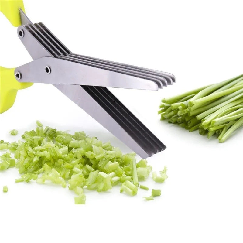 Stainless steel multi layer herb cutting scissors green handle close up