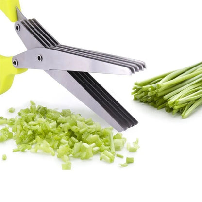 Stainless steel multi layer herb cutting scissors green handle close up