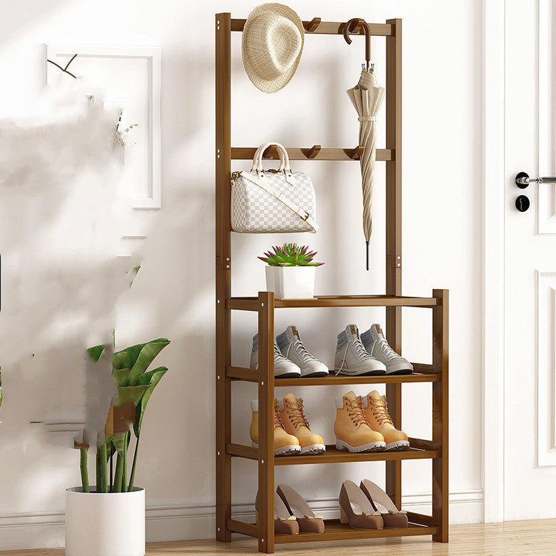 Brown bamboo door storage shelf with shoes bags and coat hooks
