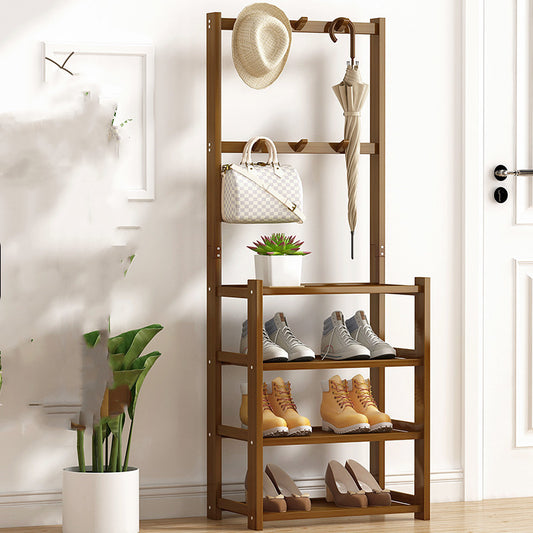 Brown bamboo door storage shelf with shoes bags and coat hooks