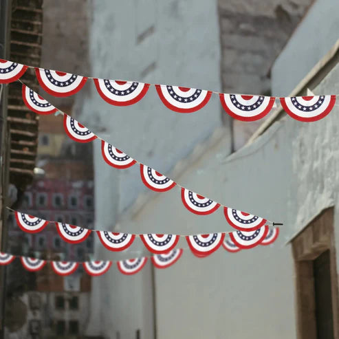 Independence day circle stripe garland flag banner hung above desk display