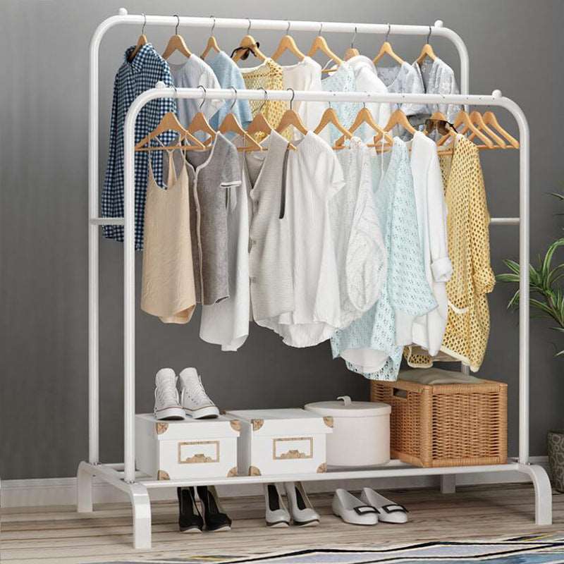 Black double rod indoor clothes drying rack with hanging shirts