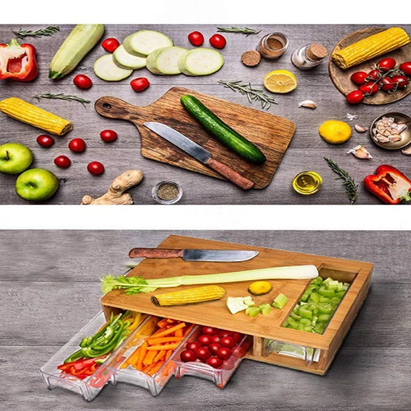 Side view of kitchen cutting board with drawer showing bamboo thickness and build quality