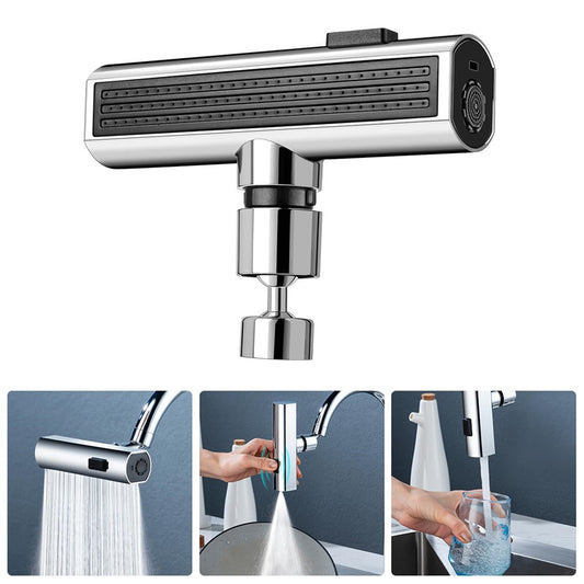 Waterfall faucet nozzle installed on kitchen sink tap