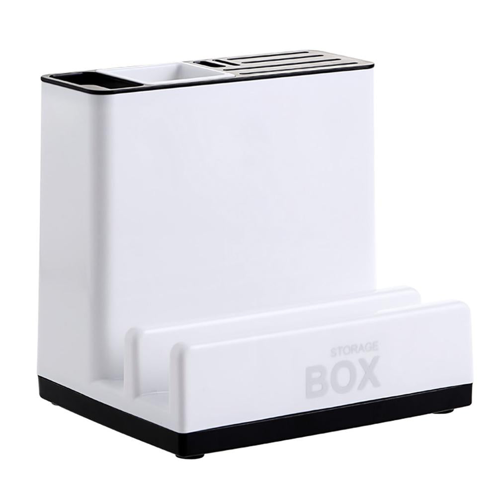 White plastic kitchen knife storage rack with tableware holder