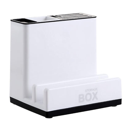 White plastic kitchen knife storage rack with tableware holder