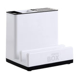 White plastic kitchen knife storage rack with tableware holder