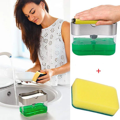  Grey soap dispenser with two yellow kitchen sponges set
