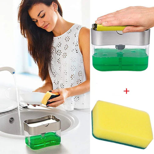  Grey soap dispenser with two yellow kitchen sponges set