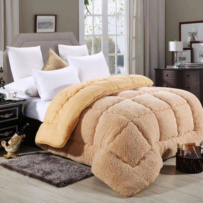 Lamb wool touch microfiber quilt styled in bedroom