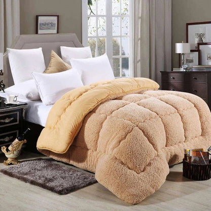 Lamb wool touch microfiber quilt styled in bedroom